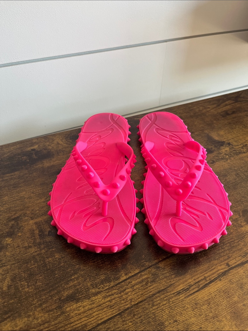 Christian Louboutin Neon Pink and Red Studded Flip Flops Size 38 - Picture 3 of 14
